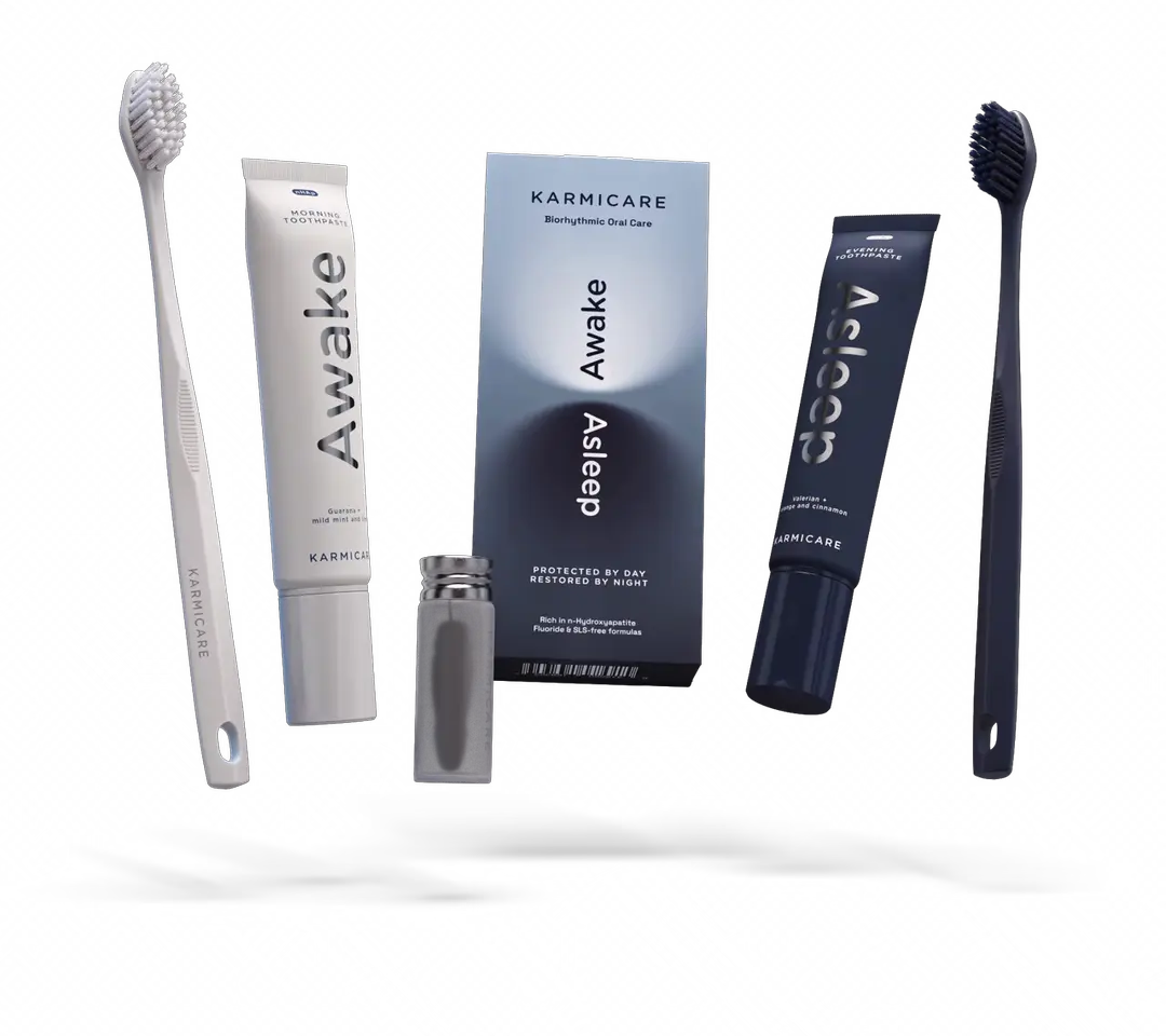 Animated view of the Karmicare Biorhythmic Oral Care Kit: fluoride-free, SLS-free Awake morning and Asleep evening toothpaste rich in nano-hydroxyapatite, morning and evening toothbrushes and whitening charcoal floss